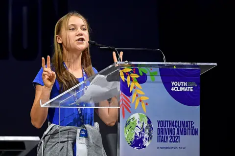 Nicolò Campo / Getty Images Greta Thunberg gestures during the opening plenary session of the Youth4Climate pre-COP26 event in Milan, Italy