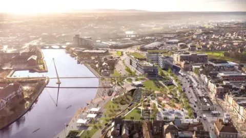 Stockton Council Computer-generated image of the proposed riverside park in Stockton town centre