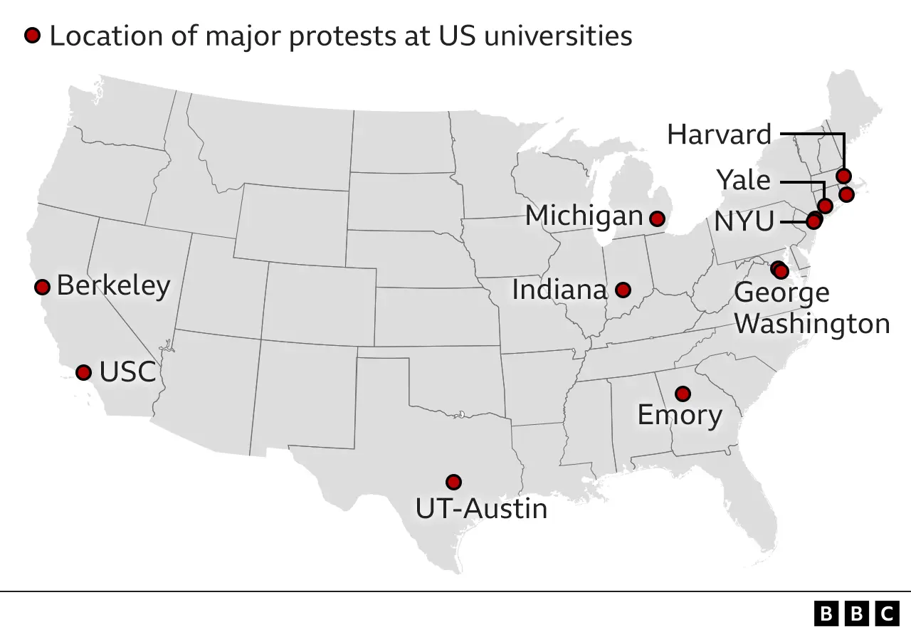 Map showing the location of major protests at universities across the US