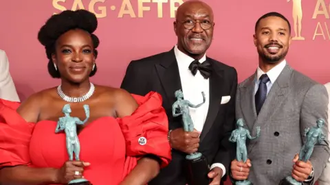 Getty Images Wunmi Mosaku, Delroy Lindo, Michael B. Jordan, winners of the Outstanding Performance by a Cast in a Motion Picture Award for "Sinners," pose in the press room during the 32nd Annual Actor Awards at Shrine Auditorium and Expo Hall on March 01, 2026 in Los Angeles, California.