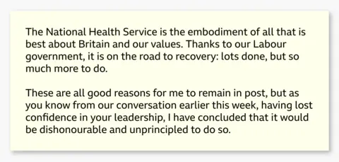 Graphic showing an excerpt from Wes Streeting’s resignation letter reading: "The National Health Service is the embodiment of all that is best about Britain and our values. Thanks to our Labour government, it is on the road to recovery: lots done, but so much more to do. These are all good reasons for me to remain in post, but as you know from our conversation earlier this week, having lost confidence in your leadership, I have concluded that it would be dishonourable and unprincipled to do so.”