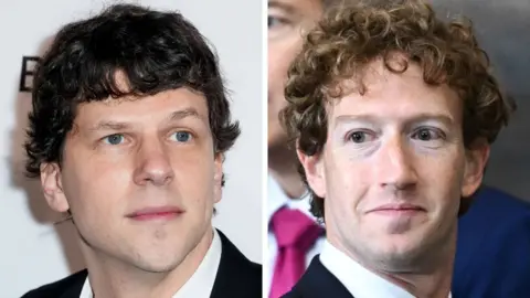 A composite image of Jesse Eisenberg and Mark Zuckerberg