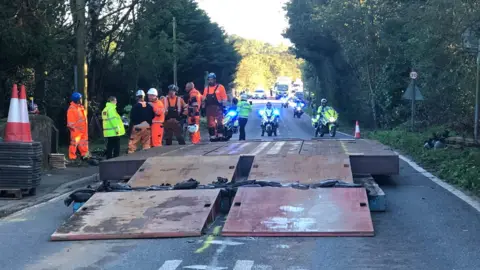 Kelly McCormack/BBC A bridge being made on Brockford Street on the A140