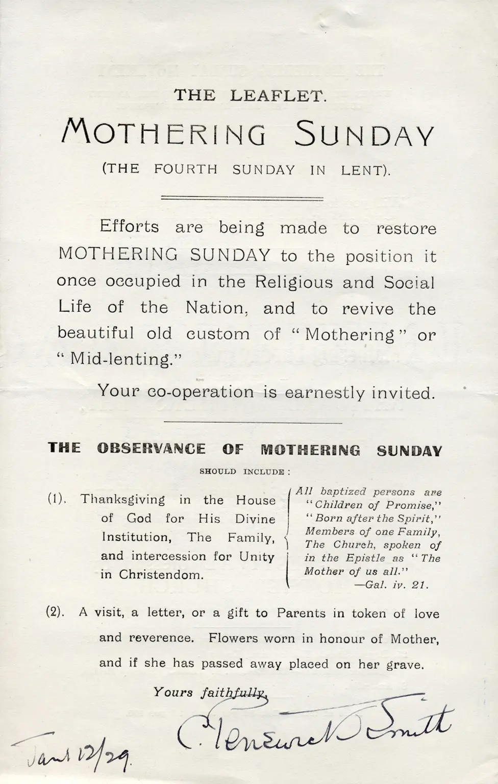 The Ephemera Society Leaflet promoting Mothering Sunday