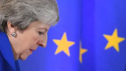 Getty Images Theresa May stands in front of the EU flag