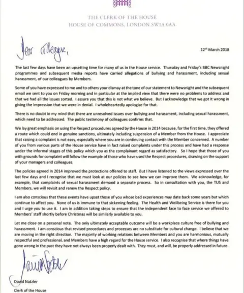 David Natzler Letter from David Natzler, Clerk of the House of Commons