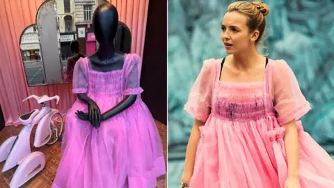 Liverpool One/BBC Jodie Comer as Villanelle in pink dress