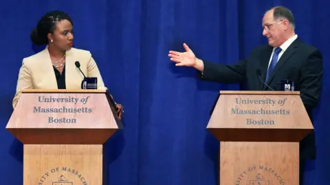 Getty Images Challenger Ayanna Pressley, left, and incumbent Michael Capuano take part in a debate