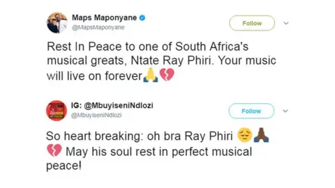 Twitter Two tweets sent by fans mourning the death of Ray Phiri