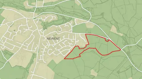 Robert Hitchins Ltd/FoDDC Map of plans submitted to the Forest of Dean District Council to develop almost 60 acres of agricultural land south of Gloucester Street, Newent.