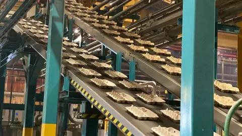 Egg boxes being manufactured