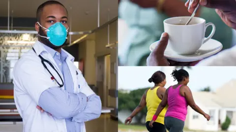 Getty Images Left: Doctor in a mask in South Africa. Top right: Someone drinking a cup of tea in South Africa. Bottom right: Two women walking in South Africa