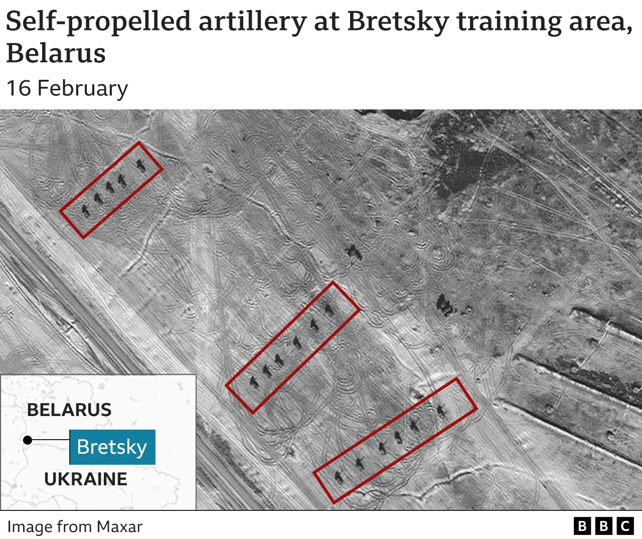 Satellite image showing self-propelled artillery at Bretsky training area