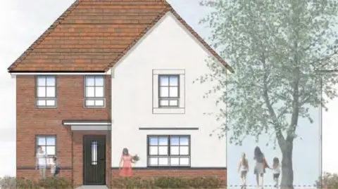  Barratt Homes An architectural drawing of a proposed house design. It shows a two-storey house with images of people outside. 