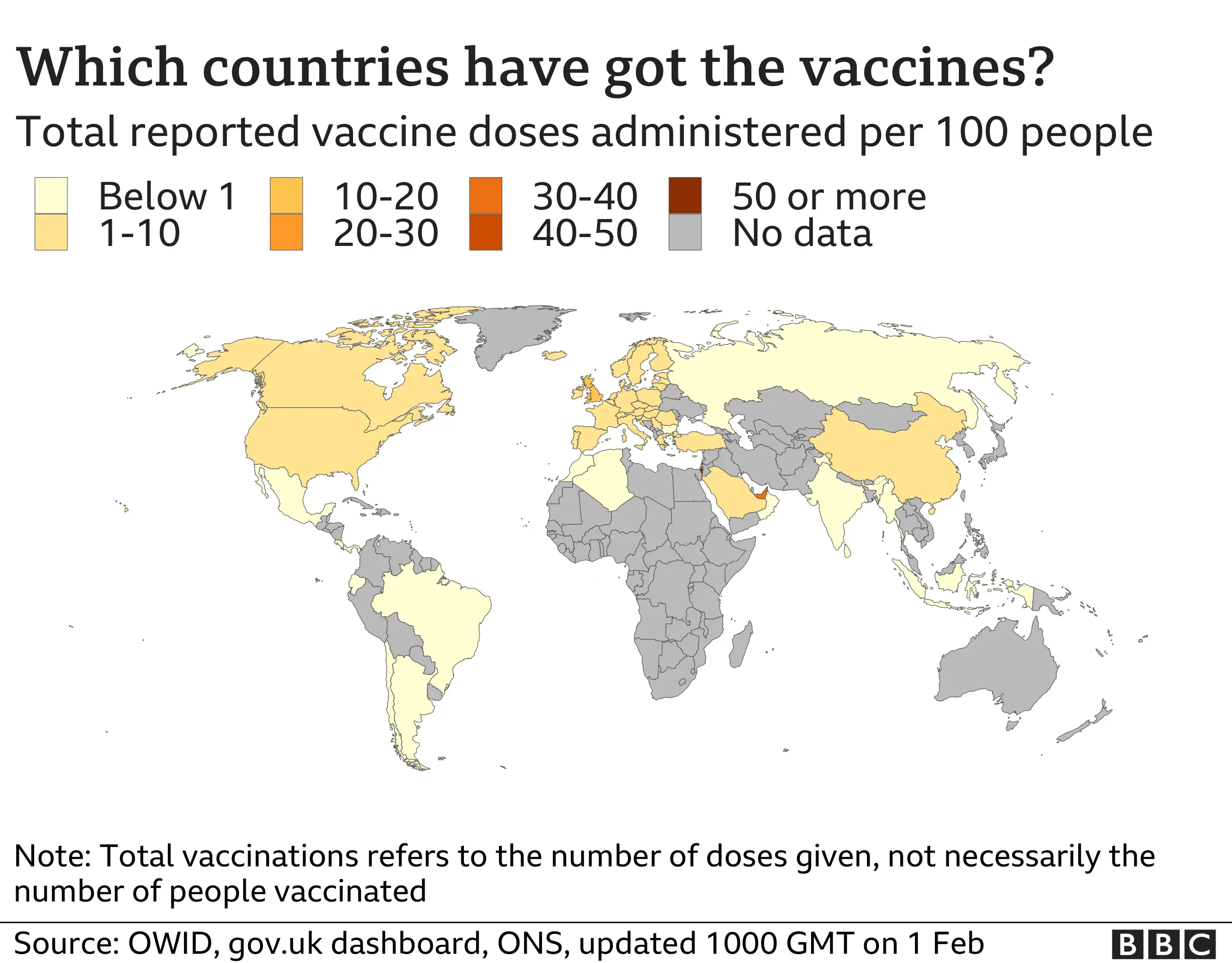Map showing the number of vaccine doses administered per 100 people. Updated 1 FEB
