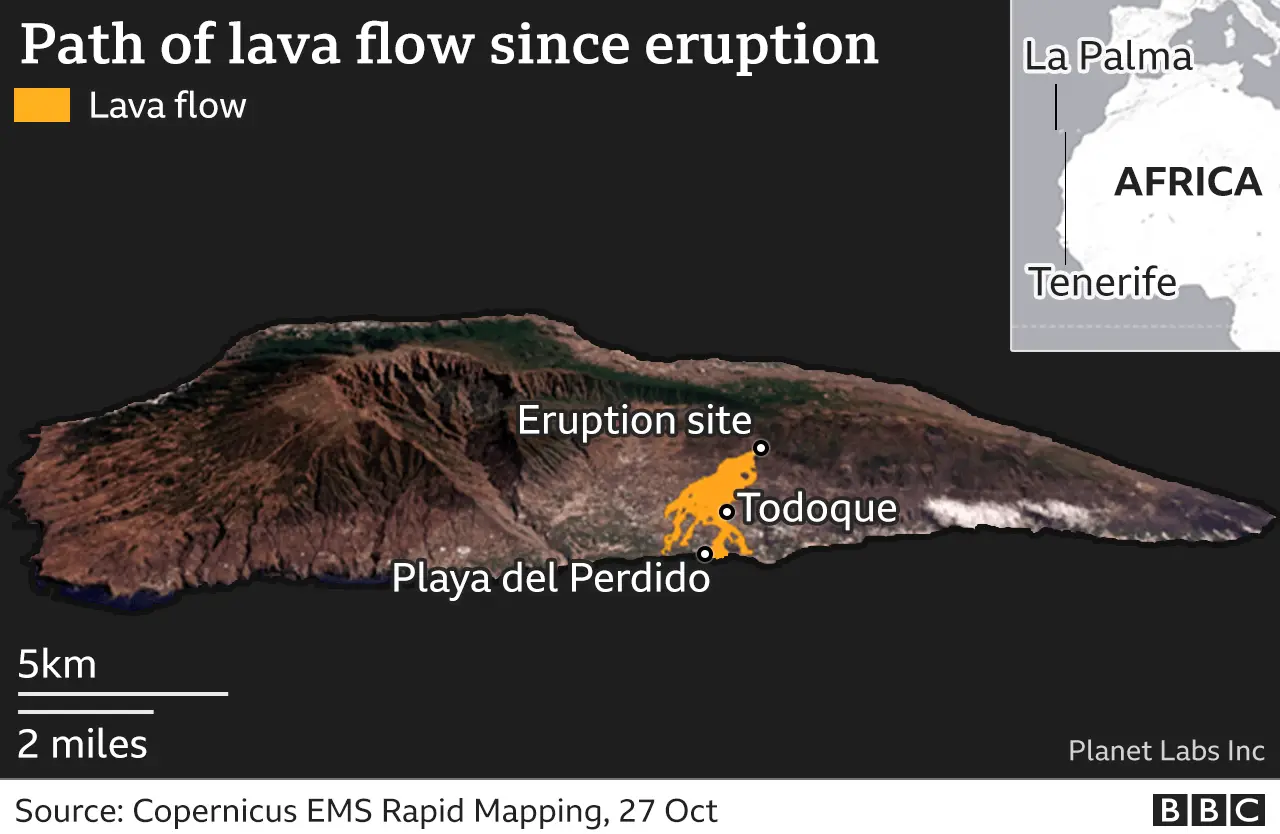 Map showing path of lava flow