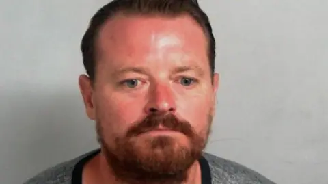 Lee Gower pictured wearing a grey T-shirt in police custody. He has brown hair and a beard.