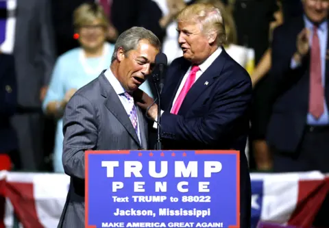 Getty Images Donald Trump greets Nigel Farage at the Mississippi Coliseum, Jackson, 2016