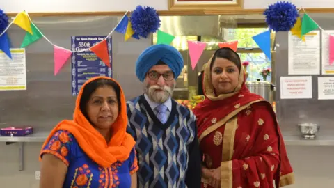 BBC General secretary Dalbjeet Singh Dilber, with Shindo Kaur (left) and Prabhjot Virhia (right) outside the temple's kitchen
