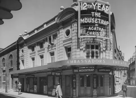 Getty Images The Ambassadors Theatre showing Agatha Christie's 'The Mousetrap' the play now in its 12th year, opened its run on 25th November 1952, West Street, London, 15th May 1964.
