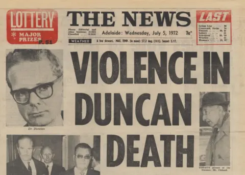 SA State Library A 1972 newspaper report on the death of Dr George Duncan, also showing a coroner and police chiefs, none of whom were suspected in the death
