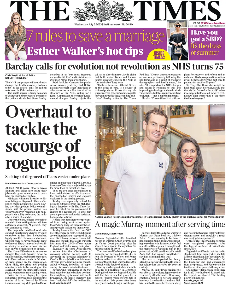 The main headline on the front page of the Times reads: "Overhaul to tackle the scourge of rogue police"