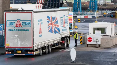 Getty Images/Paul Faith A lorry arrives at Larne port in Antrim, where a customs post has been established as part of the Northern Ireland Protocol