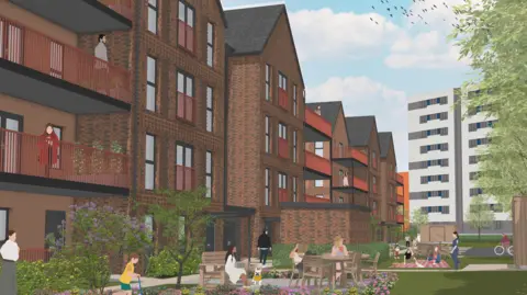 City of Wolverhampton Council A computer generated image of brown brick apartments with pointed roofs and red metal balconies. There are pathways on the ground below with grass and shrubbery.