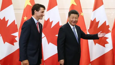 Pool Photo of Justin Trudeau and Xi Jinping in front of a backdrop of Chinese and Canadian flags