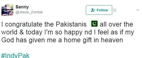 @Jesuis_Zombie I congratulate the Pakistanis 🇵🇰 all over the world & today I'm so happy nd I feel as if my God has given me a home gift in heaven