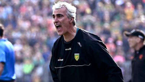 Jim McGuinness shouts instructions to his Donegal players during Sunday's Ulster Football Final