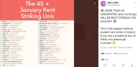 Twitter Tweet from Rent Strike Now showing list of universities where there are campaigns