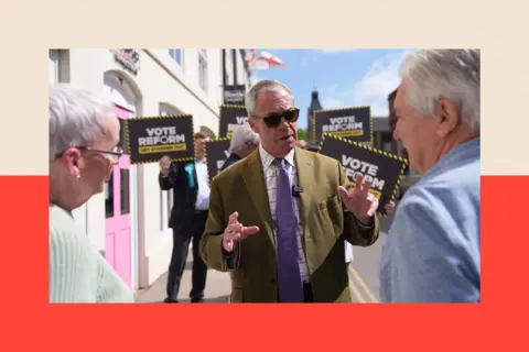 PA Wire Reform UK leader Nigel Farage speaks to local residents during a walkabout in Downham Market, Norfolk