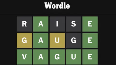 Wordle guess attempts: RAISE, GAUGE & VAGUE