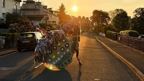 Hannah Earl A hobby horse covered in colourful rags dancing down a street in Somerset at dawn, to mark May Day