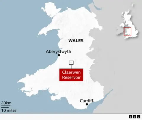 The map shows the location of the Claerwen Reservoir in Wales, which is part of the United Kingdom.
Key details from the map
Claerwen Reservoir is located in mid-Wales, in a remote upland area.
It lies southeast of the town of Aberystwyth.
It is north of Cardiff, the capital of Wales.
The small inset map on the right highlights Wales’ position within the UK.