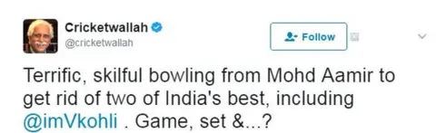 @cricketwallah Terrific, skilful bowling from Mohd Aamir to get rid of two of India's best, including @imVkohli . Game, set &...?