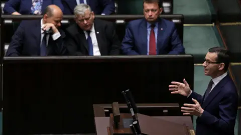 Reuters Poland's Prime Minister Mateusz Morawiecki speaks during debate about Holocaust bill at lower house of Parliament in Warsaw, Poland June 27, 2018