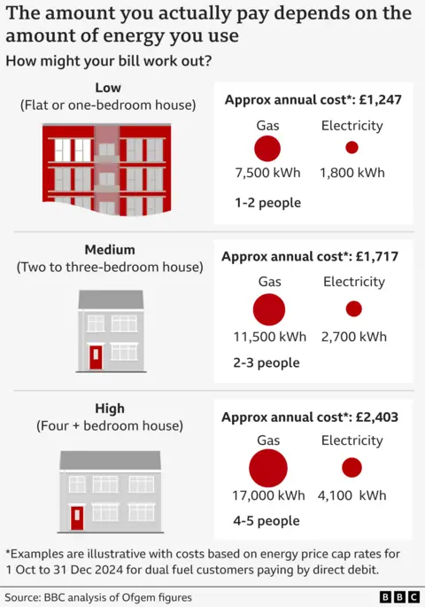 Graphic showing how the energy usage of differently sized households determines typical bills, from a low-use flat or one-bedroomed house up to a house with four or more bedrooms. Calculations are based on the October 2024 price cap figures.