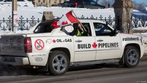 Getty Images A convoy from Canada's oil and gas producing regions attend a protest on Parliament Hill in February