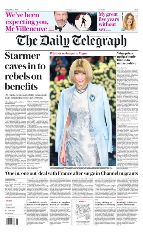 BBC "Starmer caves in to rebels on benefits" reads the headline on the front page of The Daily Telegraph.