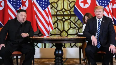 AFP via Getty Images North Korean leader Kim Jong-un and US President Donald Trump meet in Hanoi, Vietnam. Photo: February 2019