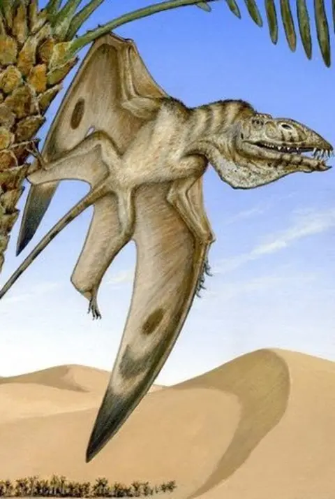 Michael Skrepnick  Illustration of a winged reptile with a long tail and long jaw, hanging from a palm tree in the desert