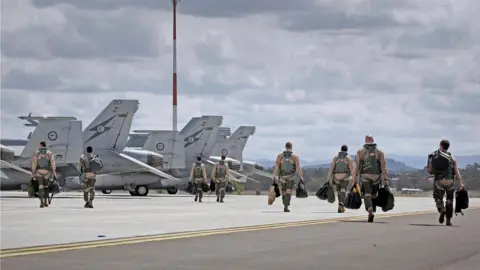 Australian Defence Force Royal Australian Air Force F/A-18F Super Hornets at an air base