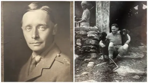 Charlotte Carty Two black and white photos of Lt Col Brown - one in his uniform and another in casual clothes holding two large dogs