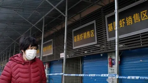 AFP/Getty Images A person walks in front of a closed fish market of Wuhan, eastern China. Photo: 12 January 2020