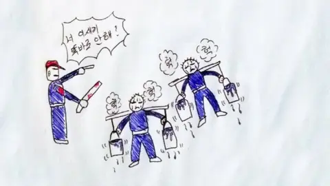 BBC A guard yells at people carrying buckets