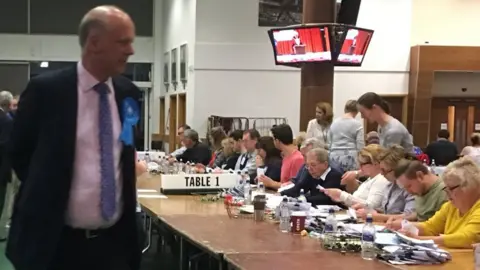 Chris Grayling watching the Epsom and Ewell count