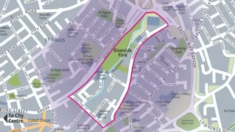 Bristol City Council A map of the Frome Gateway regeneration project, centred around Riverside Park in St Jude's, Bristol