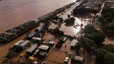 xxxx Aerial view of the port area of Porto Alegre flooded